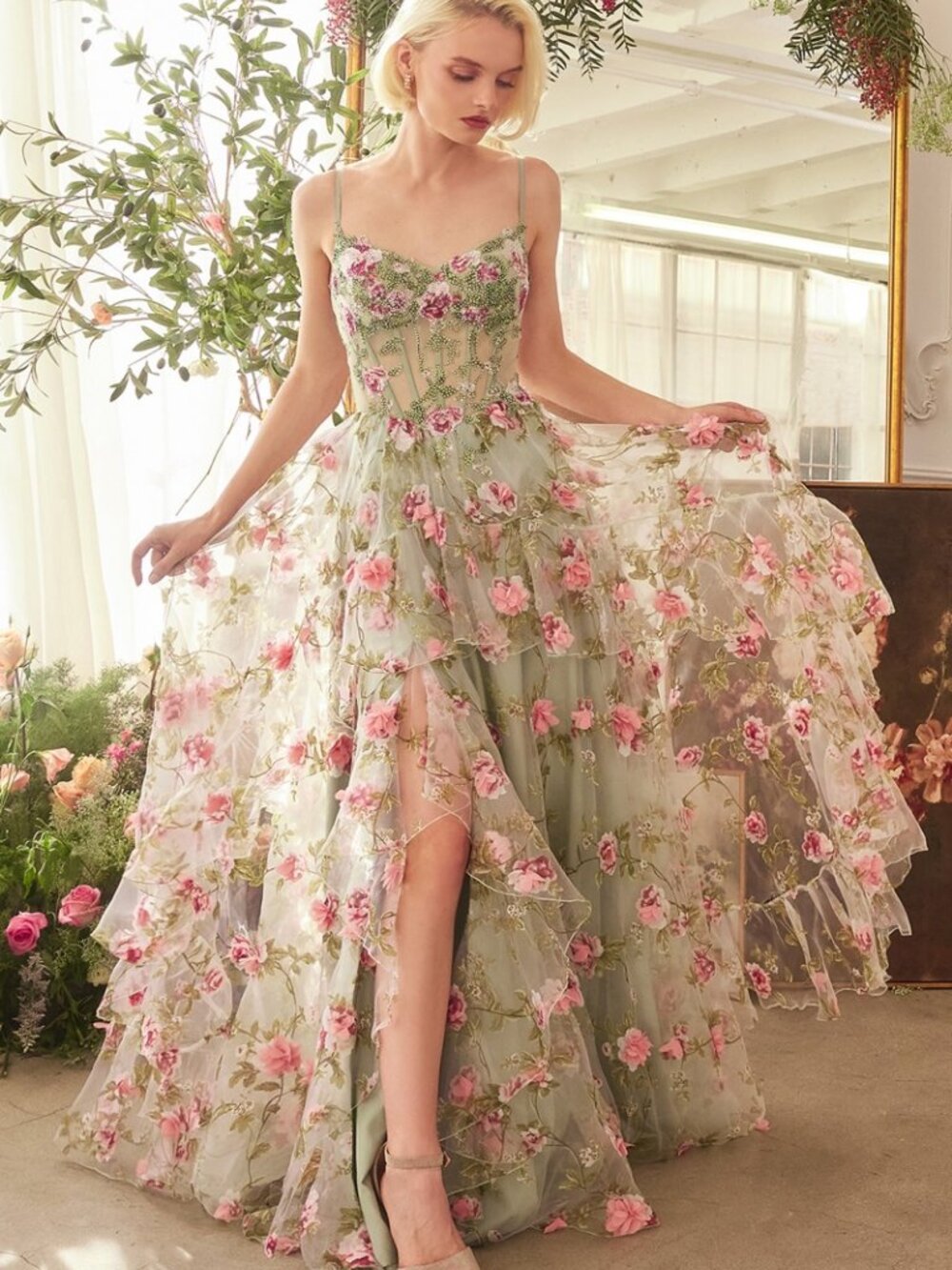 NEW SLEEVELESS A-LINE FLORAL DRESS W/ LACE UP BACK & SWEETHEART NECK CD A1420 - Picture 3 of 4